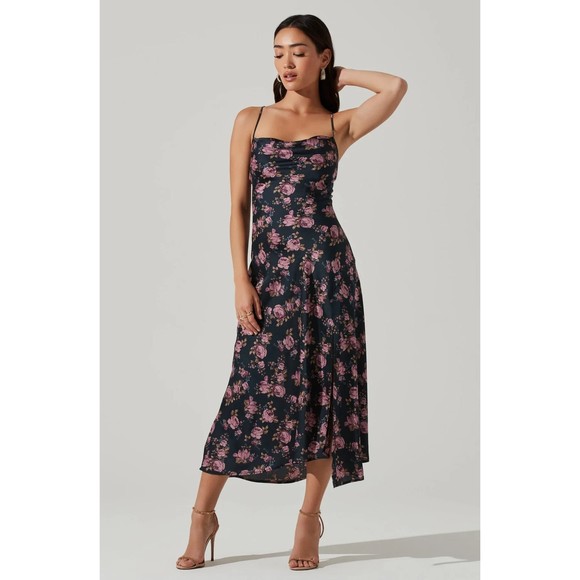 Astr Dresses & Skirts - ASTR Gaia Maxi Dress Size M Floral Side Slit Romantic Cowl Neck Crisscross Strap